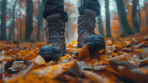 Leaves crunching beneath hikers' boots on a woodland trail
