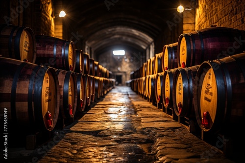 the ambiance of a wine cellar boasting rows of wooden barrels and shelves laden with an array of wine bottles