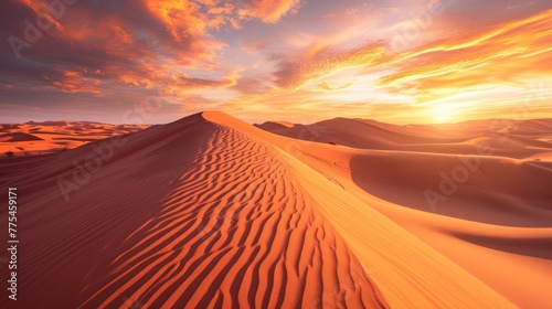 Golden hues paint the captivating Sahara Desert panorama at sunset, a breathtaking spectacle. Ai Generated © Crazy Juke