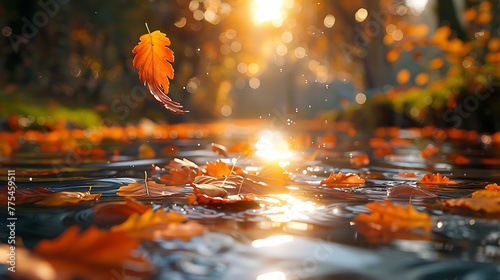 Leaves drifting downstream in a gentle autumn breeze photo