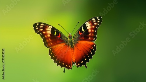 A vibrant butterfly perched delicately on an invisible surface, with its wings fully spread on a soft green background --ar 16:9 --quality 0.5 --stylize 0 Job ID: 2a0a7168-a0f9-4f85-bc26-27253cd5d71d