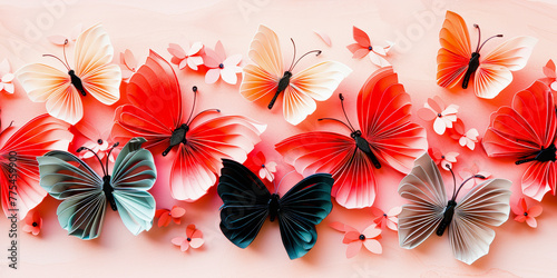 A collection of vibrant paper butterflies in varying shades of red  white  and black  arranged artistically with small pink flowers.