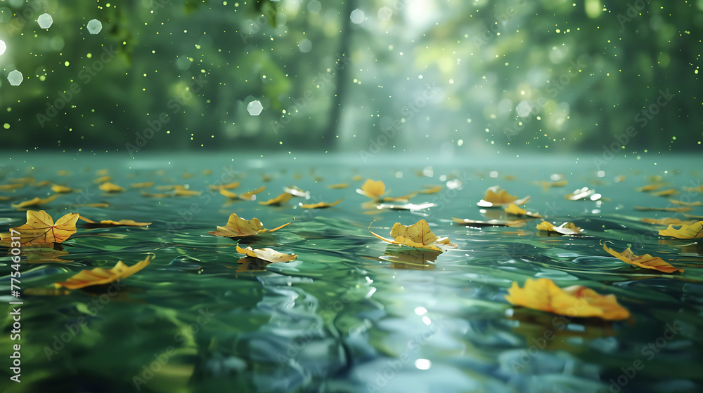 Leaves floating on the surface of a tranquil pond