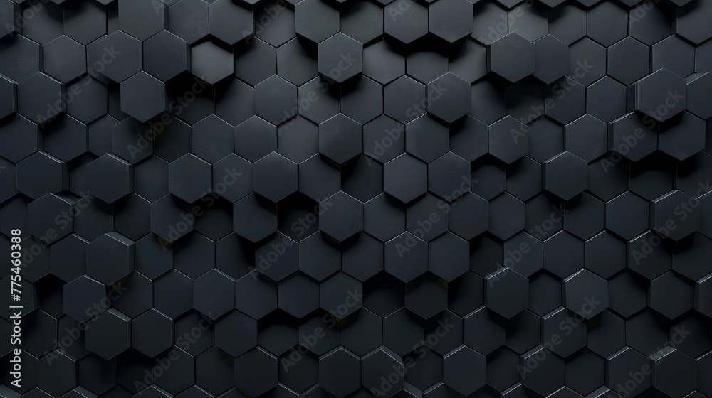 Black, Futuristic Mosaic Tiles arranged in the shape of a wall. Hexagonal, 3D, Bricks stacked to create a Semigloss block background. 3D Render Black, Futuristic Mosaic Tiles arranged in the shape of a wall. Hexagonal, 3D, Bricks stacked to create a Semigloss block background. 3D Render