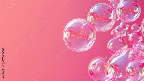 Delight in bright pink transparent soap bubbles on a pink background. Ai Generated.