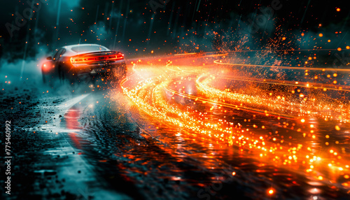 A speeding car on a wet road at night  with bright light trails following it  conveying a sense of high velocity.