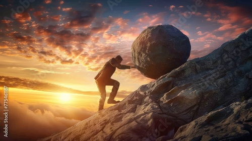 Businessman pushing stone uphill, symbolizing challenges, Ai Generated