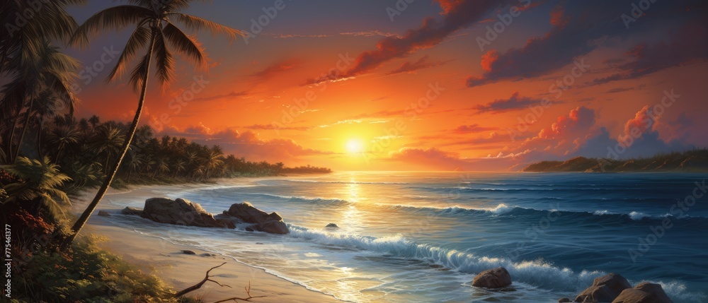 gentle waves caress tropical shore, palm trees sway under vibrant sky, Ai Generated.