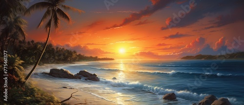 gentle waves caress tropical shore, palm trees sway under vibrant sky, Ai Generated.