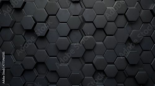 Black, Futuristic Mosaic Tiles arranged in the shape of a wall. Hexagonal, 3D, Bricks stacked to create a Semigloss block background. 3D Render