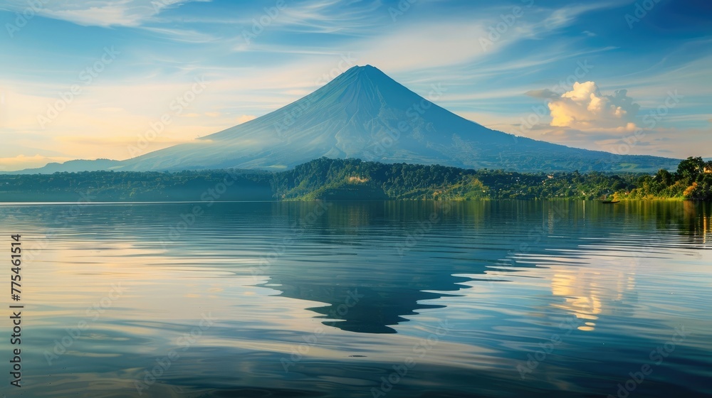 Volcanic mountain reflected in calm lake waters. Ai Generated
