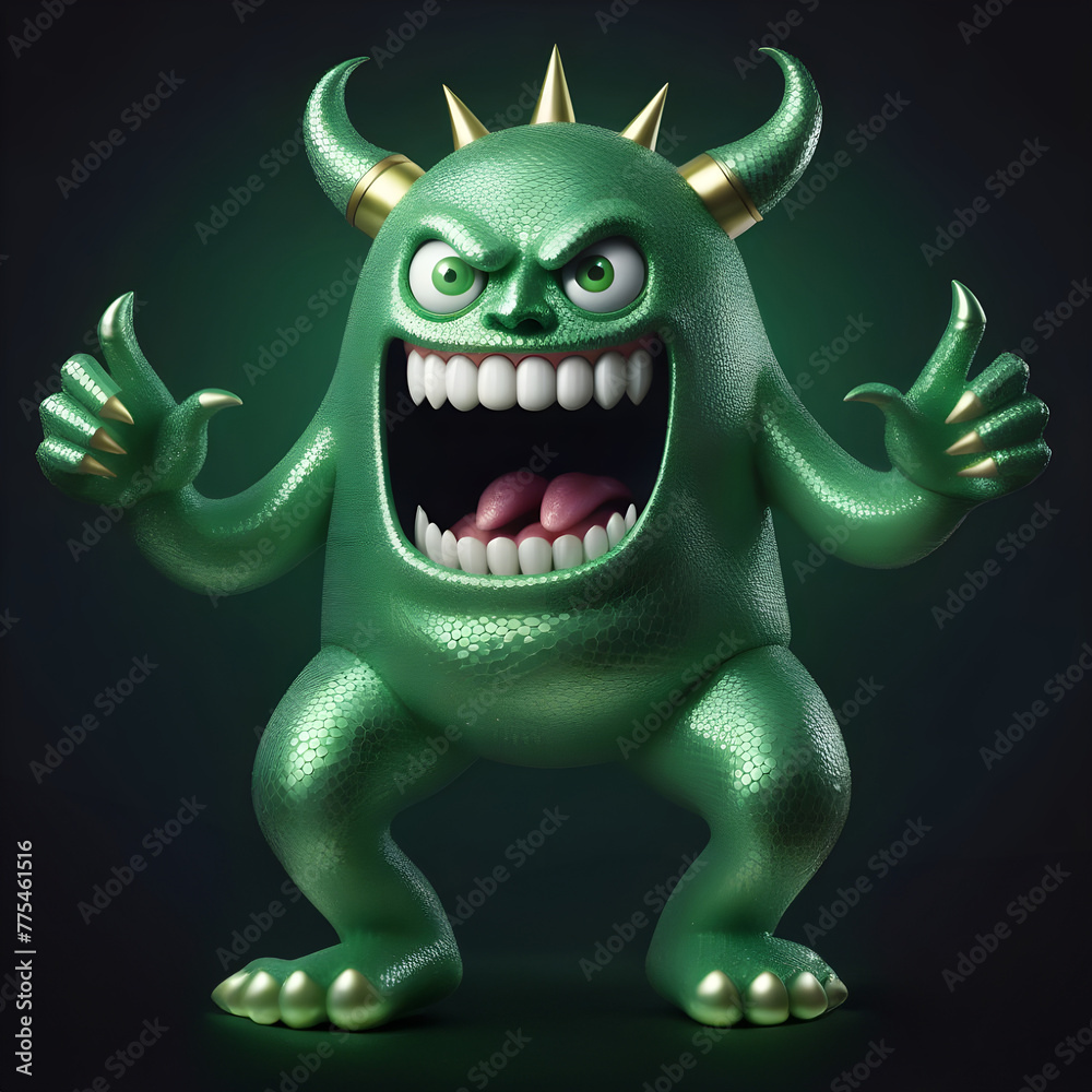 Fototapeta premium Image of a green monster, with many teeth and horns. Image AI