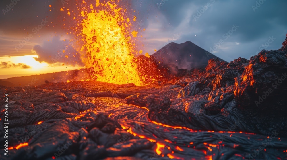 Volcanic eruption with flowing lava creates a mesmerizing spectacle. Ai Generated