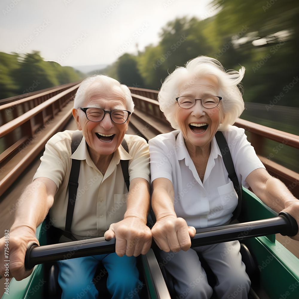 Elderly people having fun on the roller coaster. Image in AI