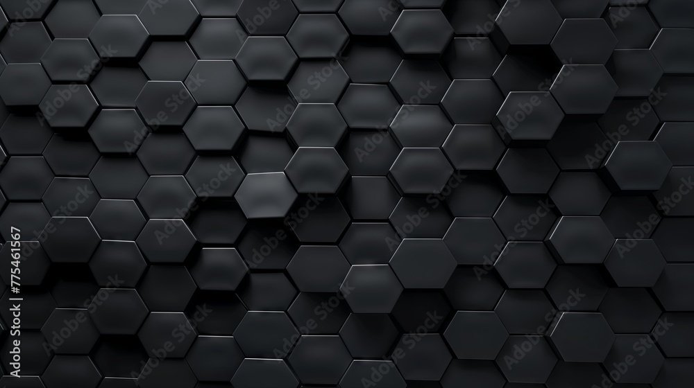 Black, Futuristic Mosaic Tiles arranged in the shape of a wall. Hexagonal, 3D, Bricks stacked to create a Semigloss block background. 3D Render Black, Futuristic Mosaic Tiles arranged in the shape of a wall. Hexagonal, 3D, Bricks stacked to create a Semigloss block background. 3D Render