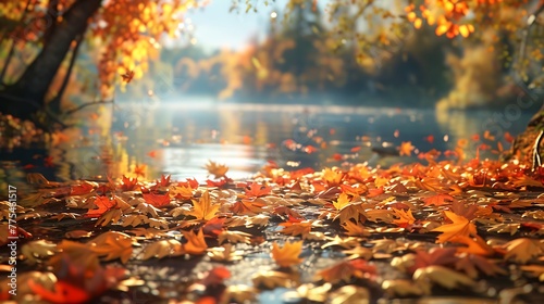 Leaves forming a vibrant carpet along a riverbank photo