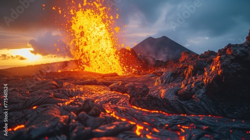 Volcanic eruption with flowing lava creates a mesmerizing spectacle. Ai Generated