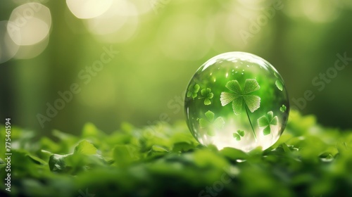 A glass ball holds a clover leaf, set against a green bokeh background, creating a magical and whimsical scene. Ai Generated.