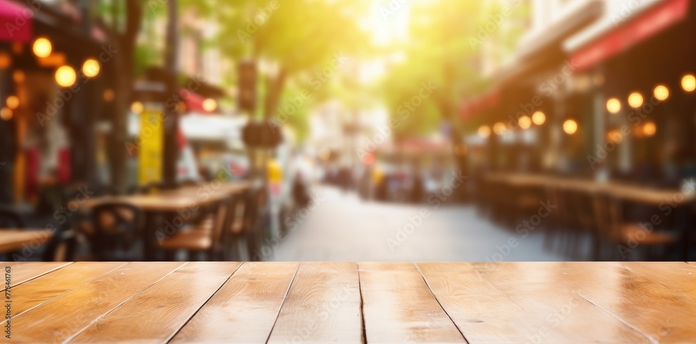 Showcase your products on a wooden table, against a lively street cafe backdrop. Ai Generated.