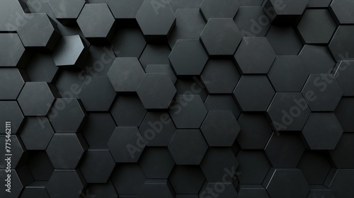 Black, Futuristic Mosaic Tiles arranged in the shape of a wall. Hexagonal, 3D, Bricks stacked to create a Semigloss block background. 3D Render photo