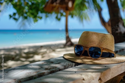 a hat and sunglasses on a bench at beach