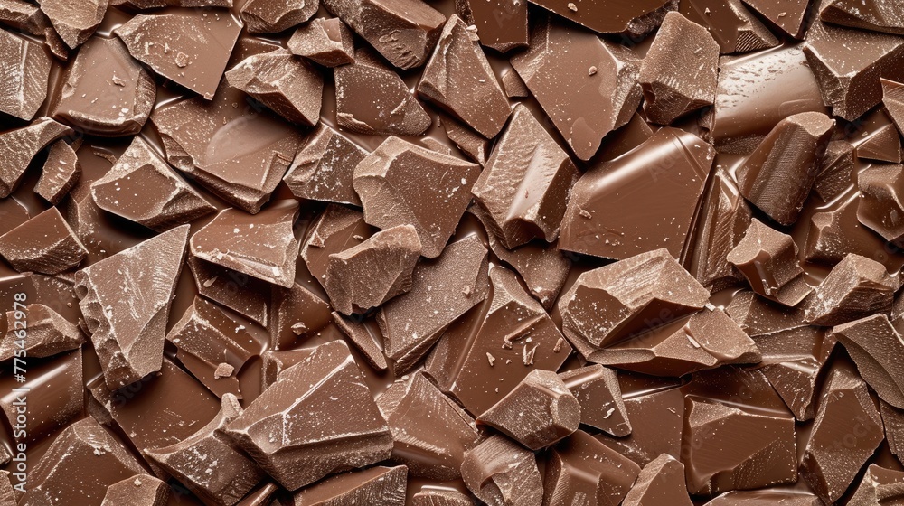 Rich texture of milk chocolate pieces tempts the senses, Ai Generated. Rich texture of milk chocolate pieces tempts the senses, Ai Generated.