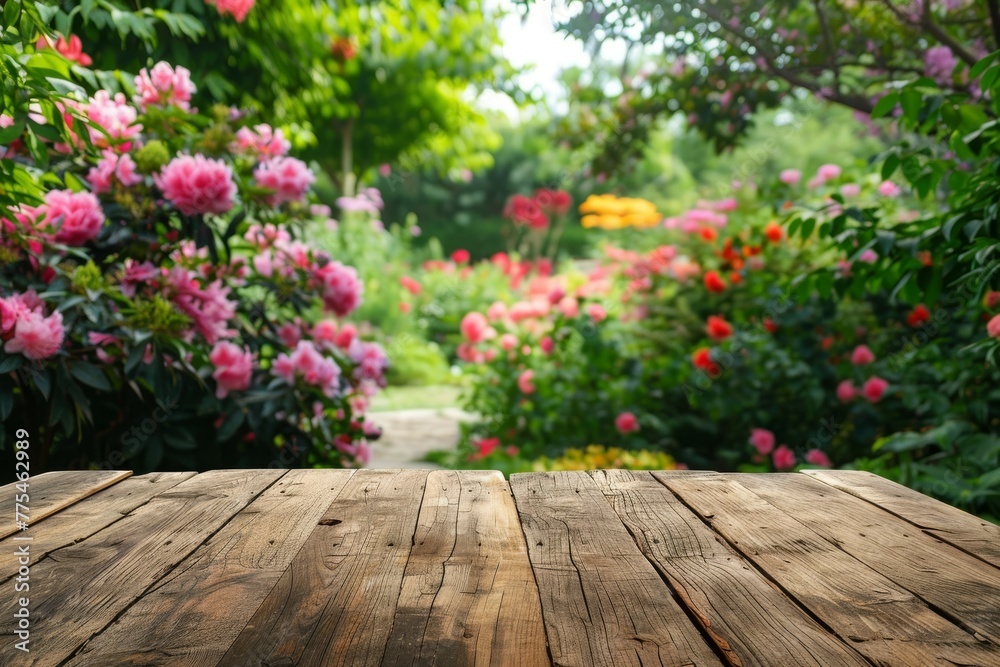 Empty wooden floor flower background. Beautiful and bright green blurred background. And the morning sun - can be used to display or edit your products. High quality photo Empty wooden floor flower background. Beautiful and bright green blurred background. And the morning sun - can be used to display or edit your products. High quality photo