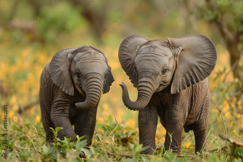 Two cute baby elephants playing together in their natural habitat