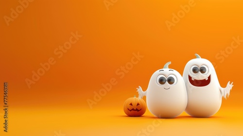 Happy Halloween holiday concept with funny pumpkin and ghosts on orange background, Ai Generated