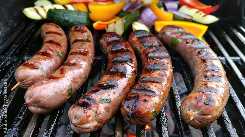 Fototapeta premium Sausages sizzling on the grill alongside grilled vegetables, enticing aroma fills the air, Ai Generated