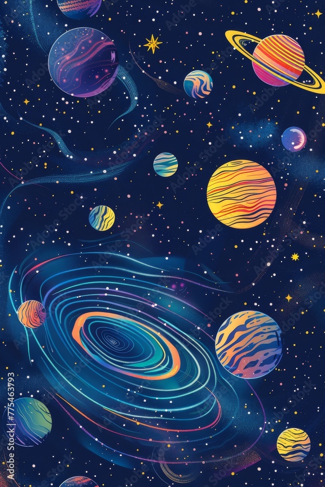 Outer space background with place for text. Cosmos scenes with planets, stars, comets. Vector illustration of galaxy. Greeting card collection in sci-fi style Outer space background with place for text. Cosmos scenes with planets, stars, comets. Vector illustration of galaxy. Greeting card collection in sci-fi style