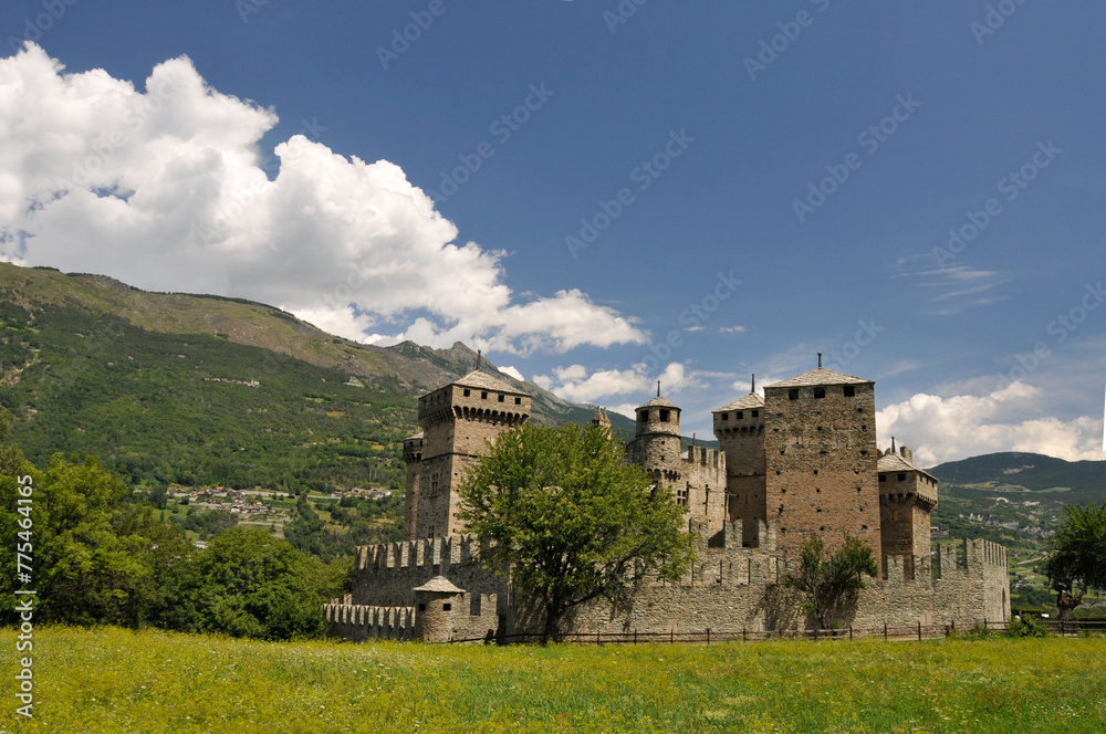 Heritage of Italy, Fenis Castle located in the Aosta Valley. Tourist destination with historical value in Europe.