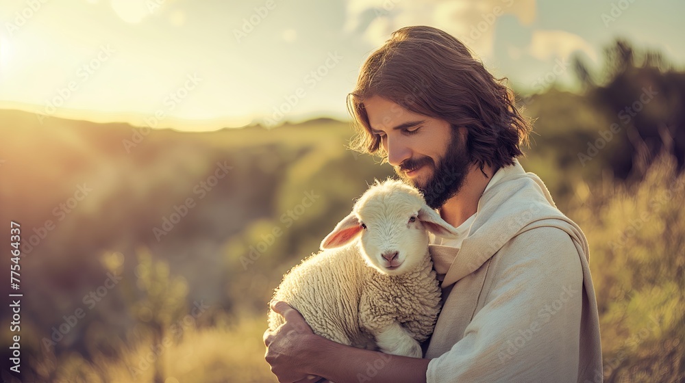 Jesus Christ holding a little lamb of Easter holiday concept Jesus Christ holding a little lamb of Easter holiday concept