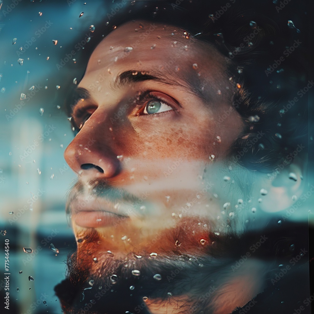 A portrait of a man lost in his thoughts, looking at the distant sky through a glass window, his eyes reflecting dreaminess and reflection. Job ID: 0821c30f-ca30-4fa8-88ea-2d163f76a3bb