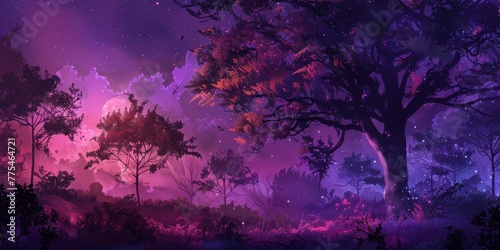 Surreal illustration of a forest at twilight, trees in various shades of burgundy under a deep violet sky, mysterious atmosphere, ethereal lighting