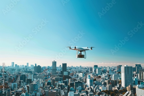 Drone delivering package in cityscape