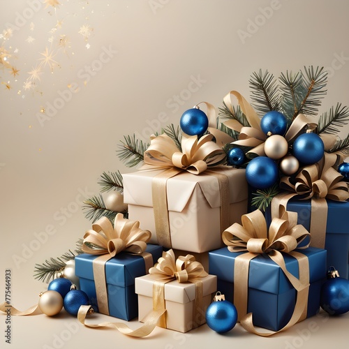 A festive arrangement on a soft beige backdrop features elegantly wrapped gifts adorned with golden bows. Scattered around are shimmering gold and blue ornaments