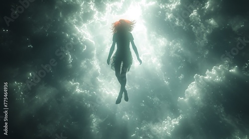 A floating girl with red hair spreads bright rays of light, glowing against a gray background --ar 16:9 --quality 0.5 --stylize 500 Job ID: 143c41d5-0bf7-4f1f-a993-1c0ec2601713