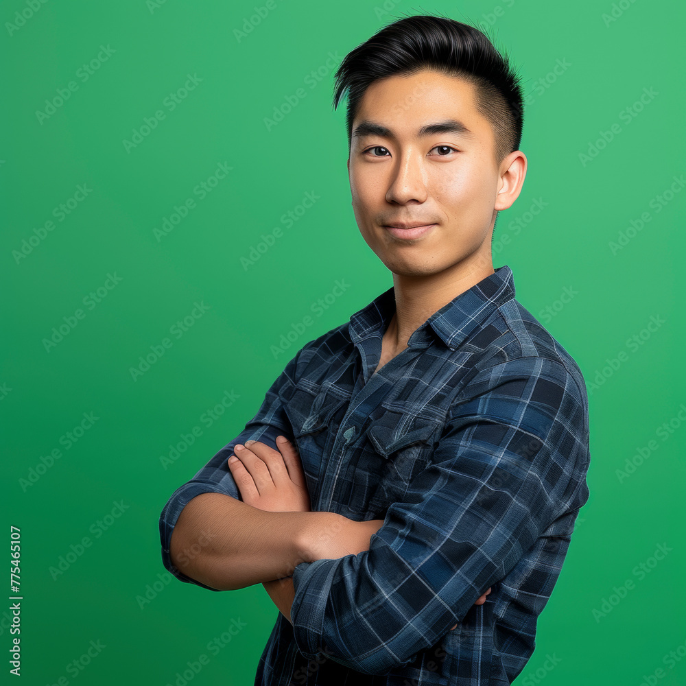 Fototapeta premium lifestyle photo Happy, arms crossed and portrait of man on green screen for confident, fashion and elegant Asian American.