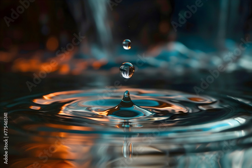 Dramatic macro shot of water drop in a river creating a wave ripple, with sun reflection, water droplets.
