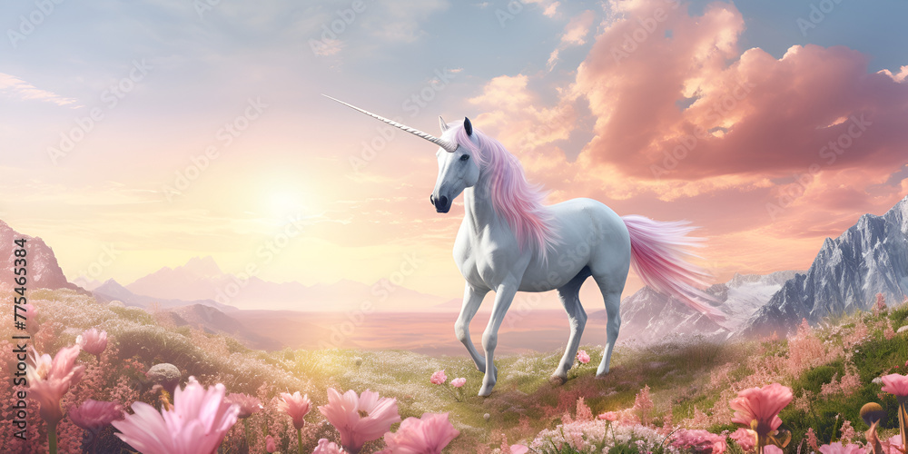Unicorn with pink mane and long mane standing in a field of flowers  , Unicorn standing on a mountain with a beautiful sky background and wallpaper Magical unicorn full of colors and so many details   - obrazy, fototapety, plakaty 