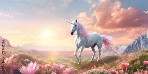 Unicorn with pink mane and long mane standing in a field of flowers , Unicorn standing on a mountain with a beautiful sky background and wallpaper Magical unicorn full of colors and so many details 