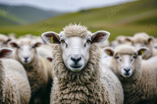 Sheep looking at camera against herd