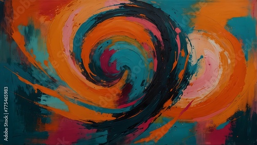 An abstract expressionist painting, swirling with bold strokes of tangerine orange, deep teal, and hot pink Generative AI