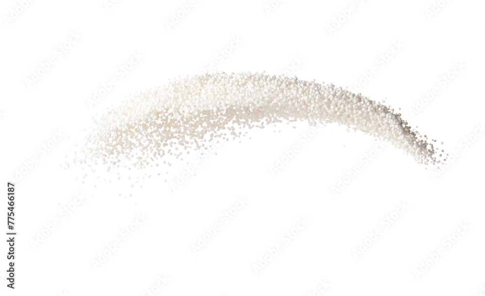 Sago seeds flying explosion, white grain wave floating. Abstract cloud fly splash in air. White colored Sago seeds is material food. White background Isolated high speed shutter, freeze stop motion