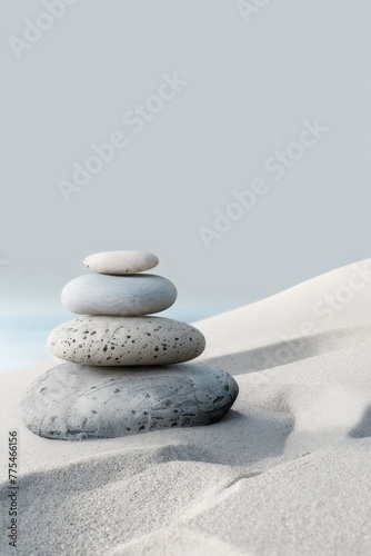 Minimalist, abstract background, A pile of rocks carefully balanced on top of each other on a sandy beach, standing out against the backdrop of the shoreline photo