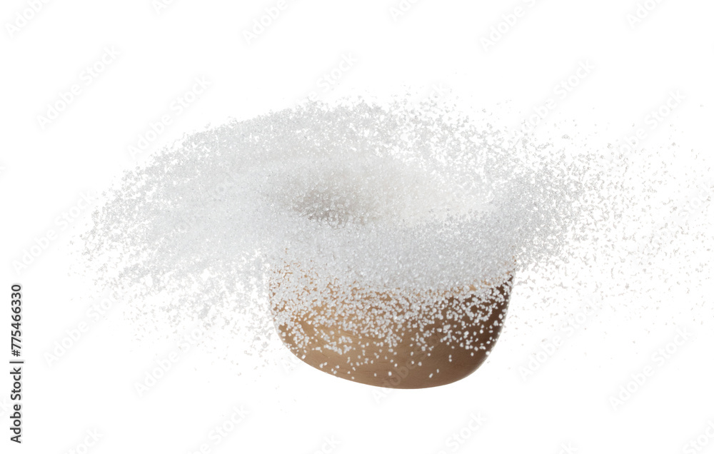 Pure refined Sugar in wooden bowl flying spinning, white crystal sugar fall abstract fly. Pure refined sugar swirl in air, food object design. white background isolated high speed freeze motion Pure refined Sugar in wooden bowl flying spinning, white crystal sugar fall abstract fly. Pure refined sugar swirl in air, food object design. white background isolated high speed freeze motion