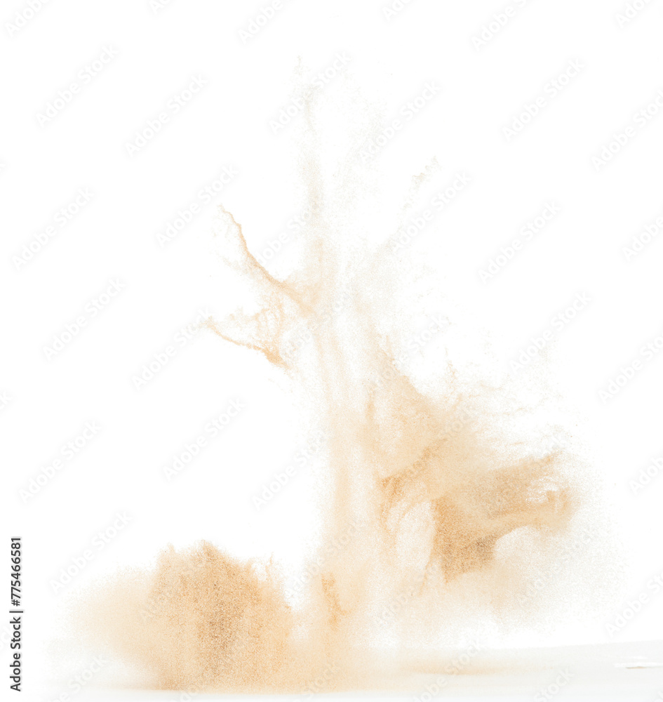 Obraz premium Small Fine size Sand flying explosion, Golden grain wave explode. Abstract cloud fly. Yellow colored sand splash throwing in Air. White background Isolated high speed shutter throwing freeze stop