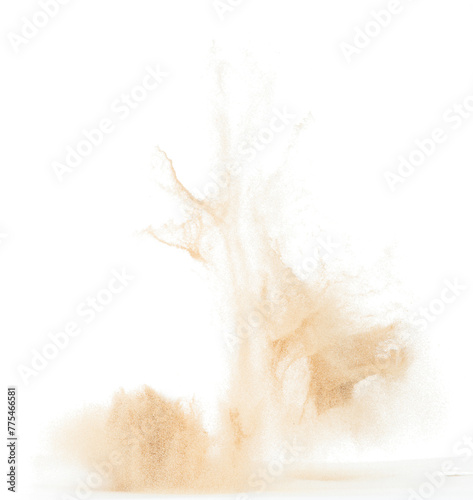 Small Fine size Sand flying explosion, Golden grain wave explode. Abstract cloud fly. Yellow colored sand splash throwing in Air. White background Isolated high speed shutter throwing freeze stop