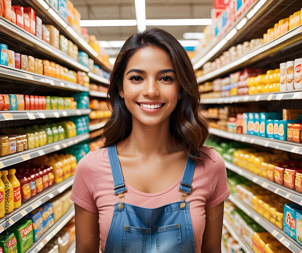 Woman latina inside a supermarket. Image in AI